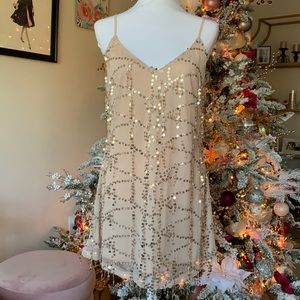 Boohoo gold sequin fringe dress
